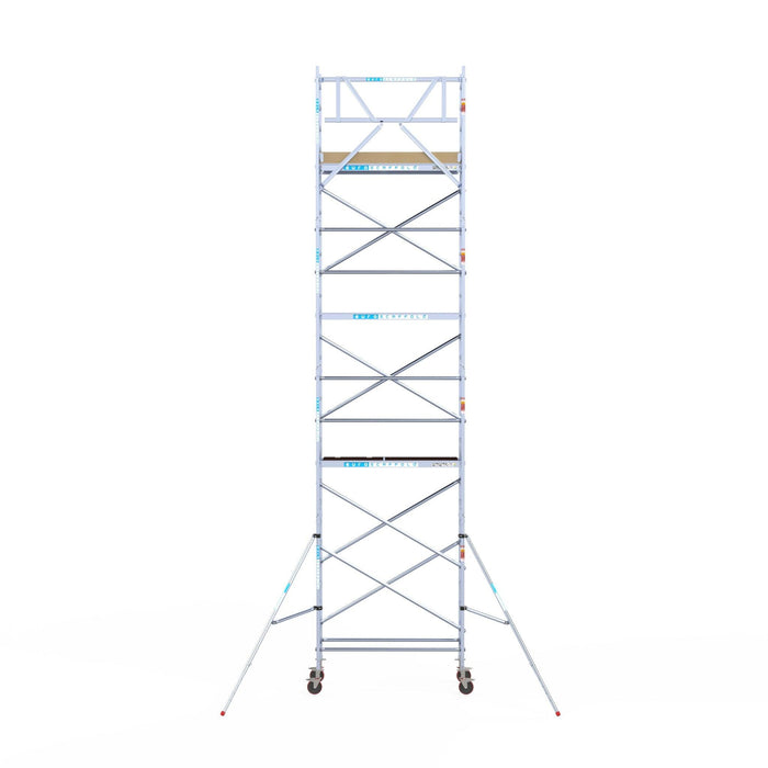 Rollgerüst Euroscaffold Basic 75x190 9,2m Arbeitshöhe Carbonplattform gegen Fassade - Gerüstexpress.de