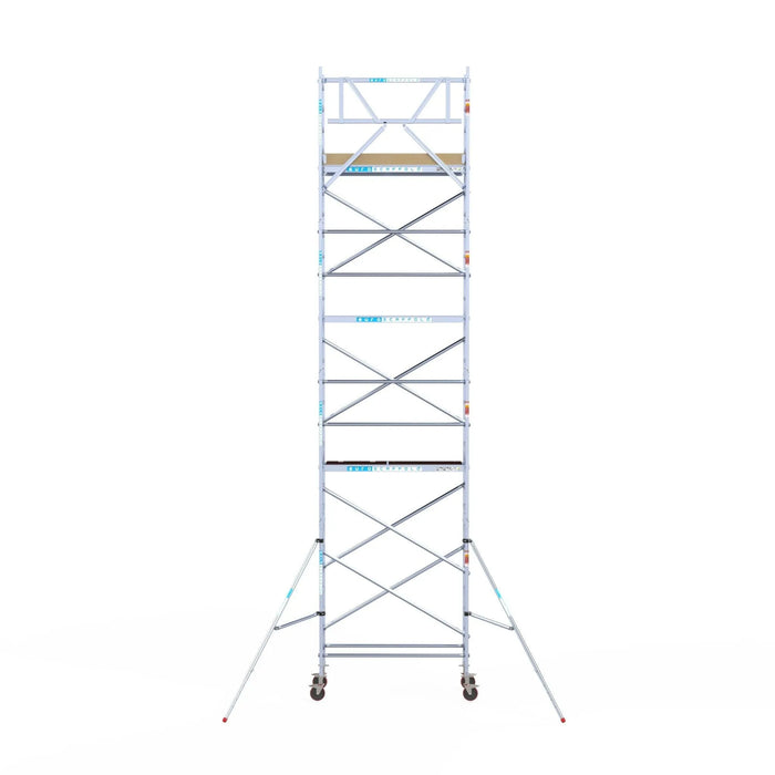 Rollgerüst Euroscaffold Basic 75x190 9,2m Arbeitshöhe Carbonplattform gegen Fassade - Gerüstexpress.de