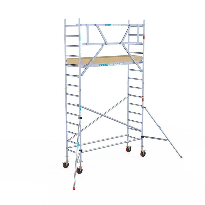 Rollgerüst Euroscaffold Basic 75x250 5,2m Arbeitshöhe Carbonplattform gegen Fassade - Gerüstexpress.de