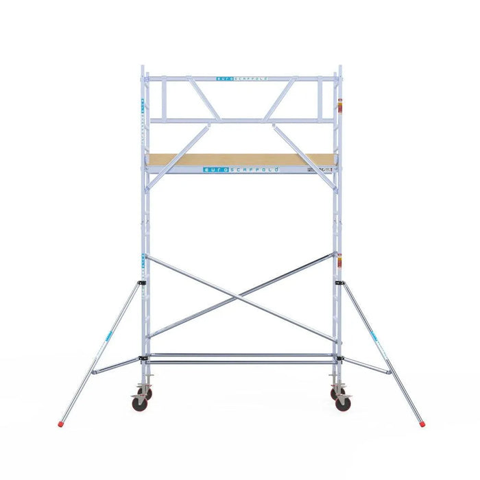 Rollgerüst Euroscaffold Basic 75x250 5,2m Arbeitshöhe Carbonplattform gegen Fassade - Gerüstexpress.de