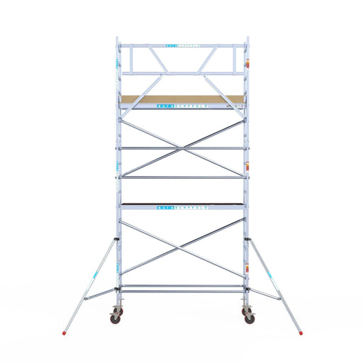 Rollgerüst Euroscaffold Basic 75x250 6,2m Arbeitshöhe Carbonplattform gegen Fassade - Gerüstexpress.de