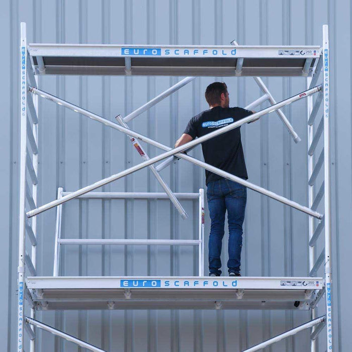 Rollgerüst Euroscaffold Basic 75x250 9,2m Arbeitshöhe an der Fassade - Gerüstexpress.de