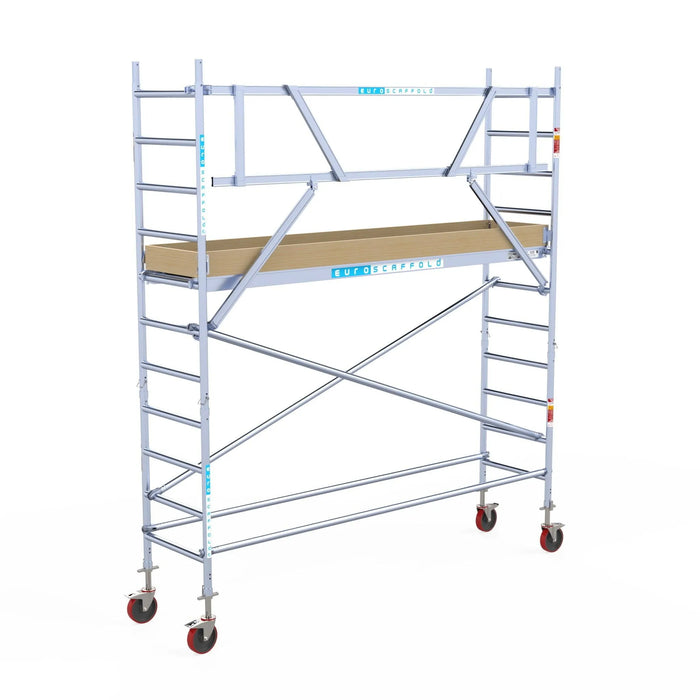 Rollgerüst Euroscaffold Basic 75x305 4,2m Arbeitshöhe Carbonplattform gegen Fassade - Gerüstexpress.de