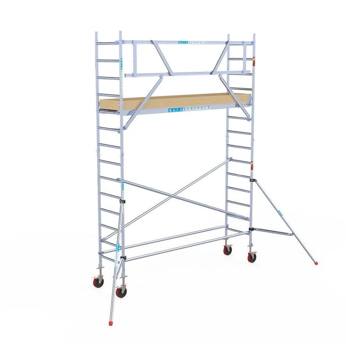 Rollgerüst Euroscaffold Basic 75x305 5,2m Arbeitshöhe Carbonplattform gegen Fassade - Gerüstexpress.de