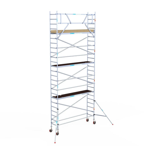 Rollgerüst Euroscaffold Basic 75x305 8,2m Arbeitshöhe Carbonplattform gegen Fassade - Gerüstexpress.de