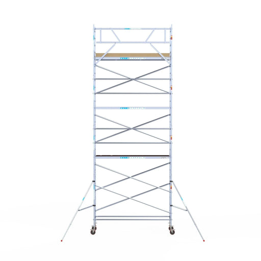 Rollgerüst Euroscaffold Basic 75x305 9,2m Arbeitshöhe Carbonplattform gegen Fassade - Gerüstexpress.de