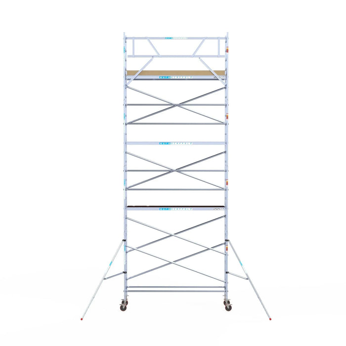 Rollgerüst Euroscaffold Basic 75x305 9,2m Arbeitshöhe Carbonplattform gegen Fassade - Gerüstexpress.de