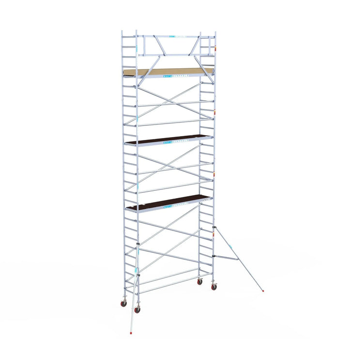 Rollgerüst Euroscaffold Basic 75x305 9,2m Arbeitshöhe Carbonplattform gegen Fassade - Gerüstexpress.de