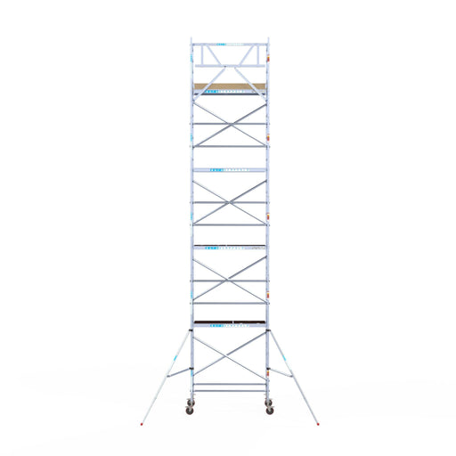 Rollgerüst Euroscaffold Basic 90x190 10,2m Arbeitshöhe Carbonplattform gegen Fassade - Gerüstexpress.de