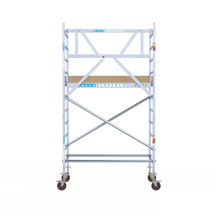 Rollgerüst Euroscaffold Basic 90x190 4,2m Arbeitshöhe Carbonplattform gegen Fassade - Gerüstexpress.de