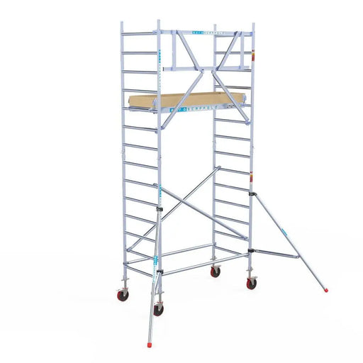 Rollgerüst Euroscaffold Basic 90x190 5,2m Arbeitshöhe an der Fassade - Gerüstexpress.de