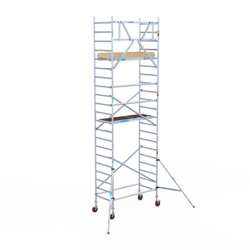 Rollgerüst Euroscaffold Basic 90x190 7,2m Arbeitshöhe Carbonplattform gegen Fassade - Gerüstexpress.de
