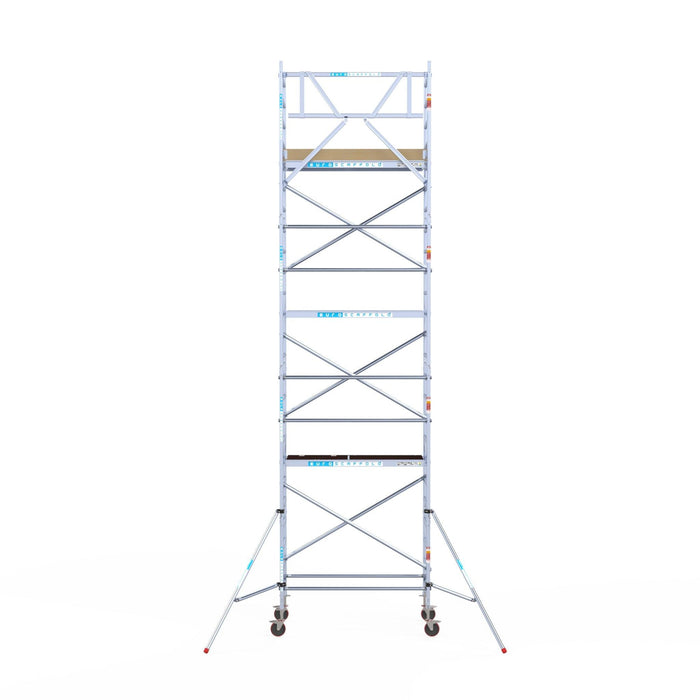 Rollgerüst Euroscaffold Basic 90x190 8,2m Arbeitshöhe Carbonplattform gegen Fassade - Gerüstexpress.de