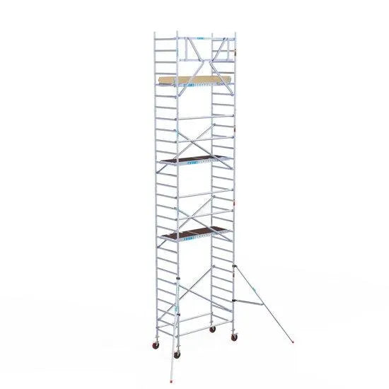 Rollgerüst Euroscaffold Basic 90x190 9,2m Arbeitshöhe Carbonplattform gegen Fassade - Gerüstexpress.de