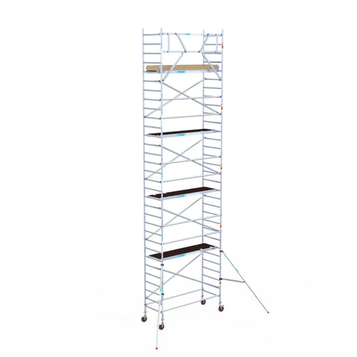 Rollgerüst Euroscaffold Basic 90x250 10,2m Arbeitshöhe Carbonplattform gegen Fassade - Gerüstexpress.de
