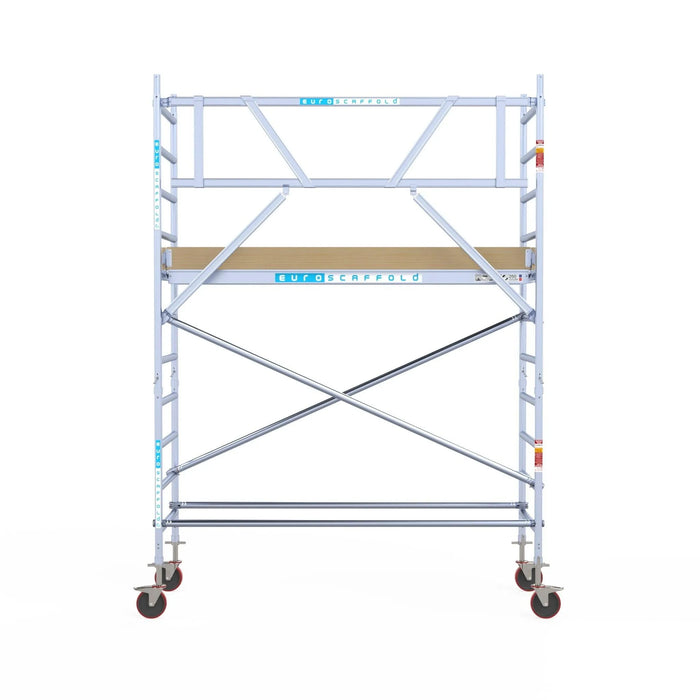 Rollgerüst Euroscaffold Basic 90x250 4,2m Arbeitshöhe Carbonplattform gegen Fassade - Gerüstexpress.de