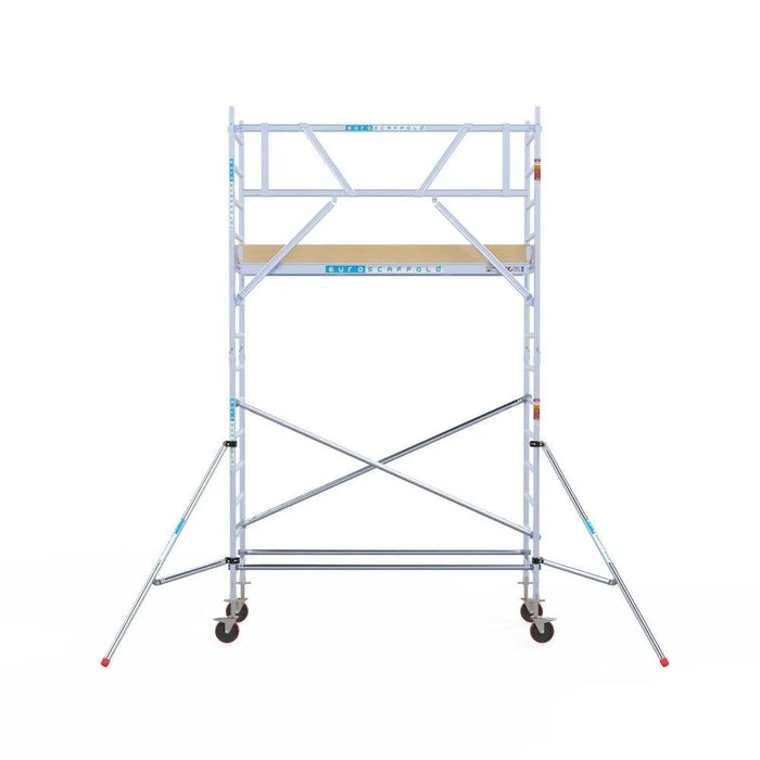 Rollgerüst Euroscaffold Basic 90x250 5,2m Arbeitshöhe Carbonplattform gegen Fassade - Gerüstexpress.de