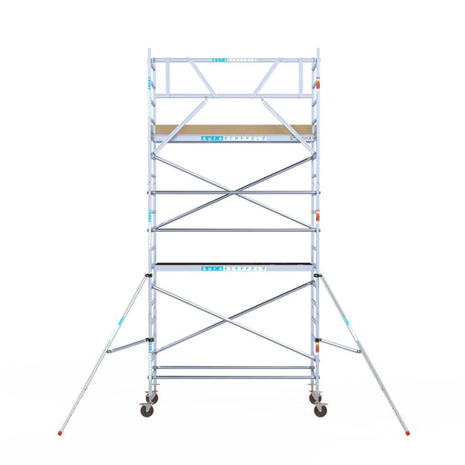 Rollgerüst Euroscaffold Basic 90x250 6,2m Arbeitshöhe Carbonplattform gegen Fassade - Gerüstexpress.de