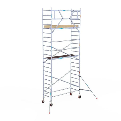 Rollgerüst Euroscaffold Basic 90x250 7,2m Arbeitshöhe an der Fassade - Gerüstexpress.de