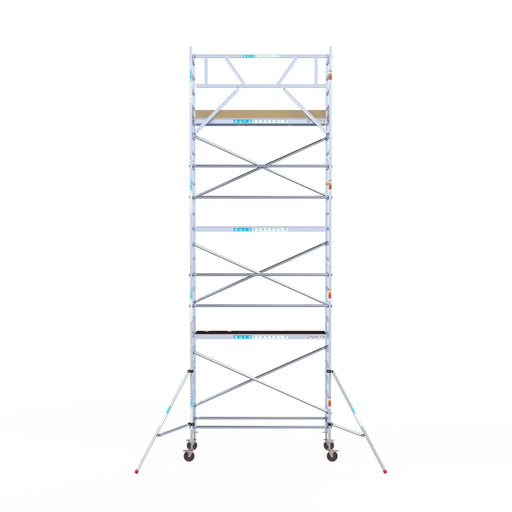 Rollgerüst Euroscaffold Basic 90x250 8,2m Arbeitshöhe Carbonplattform gegen Fassade - Gerüstexpress.de
