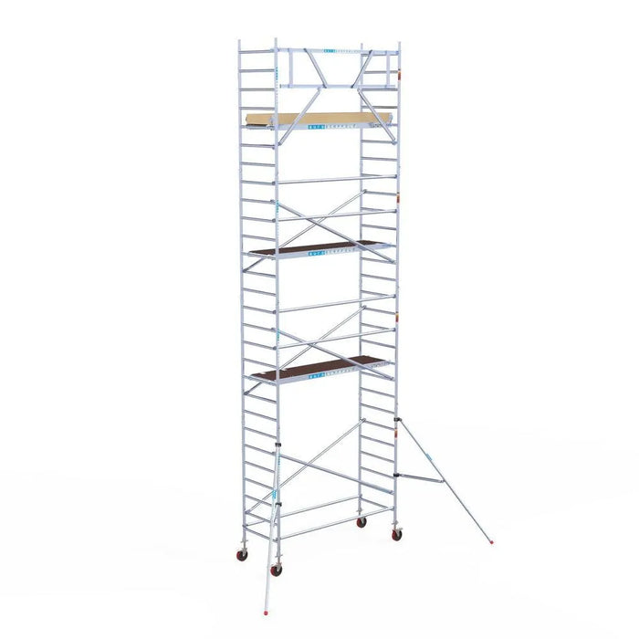 Rollgerüst Euroscaffold Basic 90x250 9,2m Arbeitshöhe Carbonplattform gegen Fassade - Gerüstexpress.de