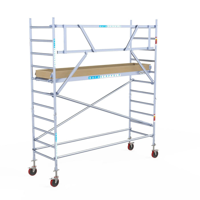 Rollgerüst Euroscaffold Basic 90x305 4,2m Arbeitshöhe Carbonplattform gegen Fassade - Gerüstexpress.de