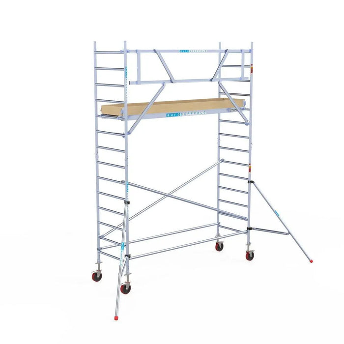 Rollgerüst Euroscaffold Basic 90x305 5,2m Arbeitshöhe Carbonplattform gegen Fassade - Gerüstexpress.de