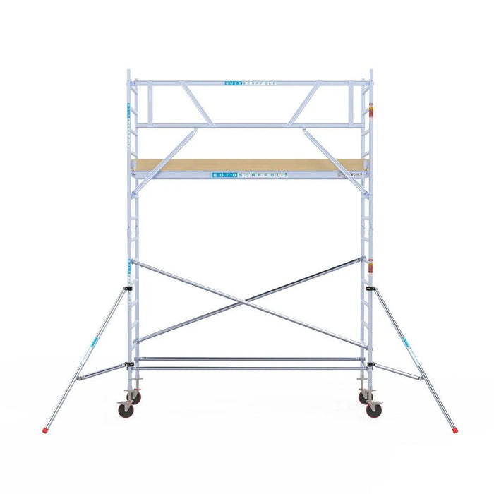 Rollgerüst Euroscaffold Basic 90x305 5,2m Arbeitshöhe Carbonplattform gegen Fassade - Gerüstexpress.de