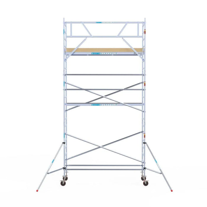 Rollgerüst Euroscaffold Basic 90x305 7,2m Arbeitshöhe Carbonplattform gegen Fassade - Gerüstexpress.de