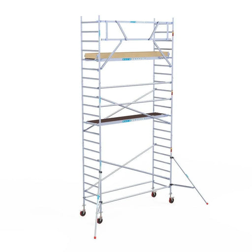 Rollgerüst Euroscaffold Basic 90x305 7,2m Arbeitshöhe Carbonplattform gegen Fassade - Gerüstexpress.de