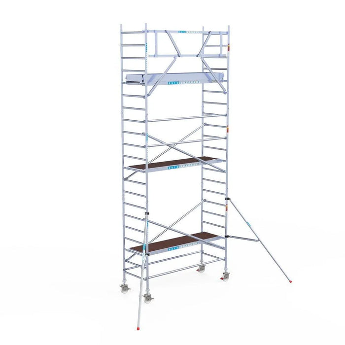 Rollgerüst Euroscaffold Original 90x250 7,2m Arbeitshöhe an der Fassade - Gerüstexpress.de