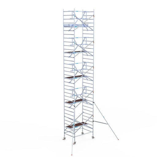 Rollgerüst Euroscaffold Professionell 135x190 11,2m Arbeitshöhe Carbonplattform gegen Fassade - Gerüstexpress.de