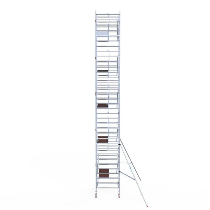 Rollgerüst Euroscaffold Professionell 135x190 11,2m Arbeitshöhe Carbonplattform gegen Fassade - Gerüstexpress.de