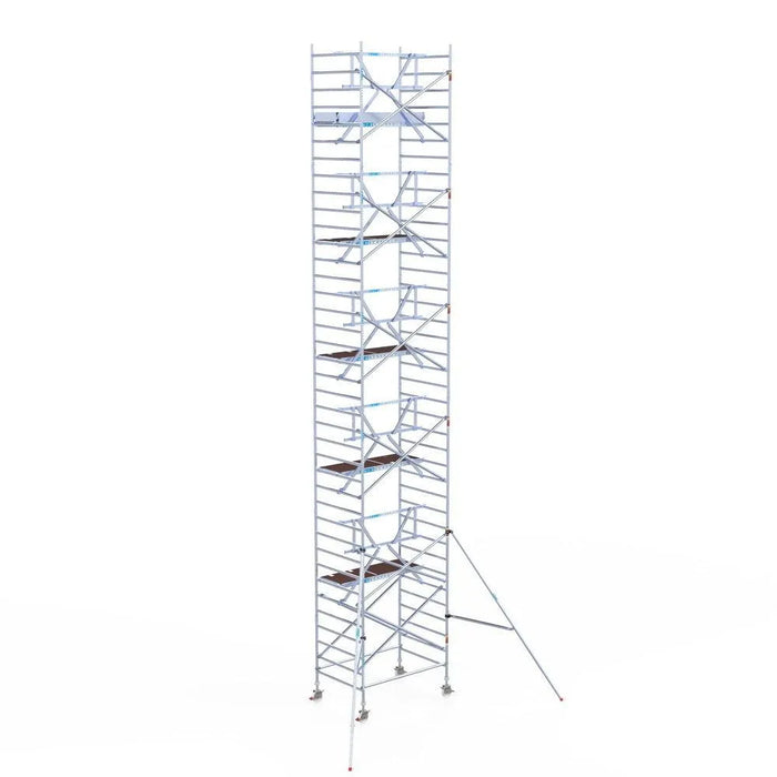 Rollgerüst Euroscaffold Professionell 135x190 12,2m Arbeitshöhe Carbonplattform gegen Fassade - Gerüstexpress.de