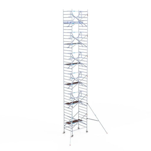 Rollgerüst Euroscaffold Professionell 135x190 13,2m Arbeitshöhe Carbonplattform gegen Fassade - Gerüstexpress.de
