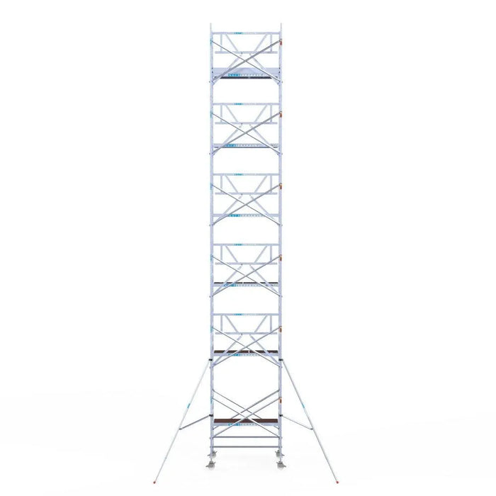 Rollgerüst Euroscaffold Professionell 135x190 13,2m Arbeitshöhe Carbonplattform gegen Fassade - Gerüstexpress.de