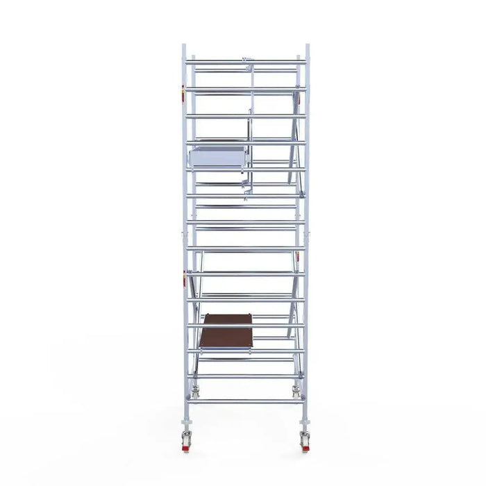 Rollgerüst Euroscaffold Professionell 135x190 5,2m Arbeitshöhe Carbonplattform gegen Fassade - Gerüstexpress.de