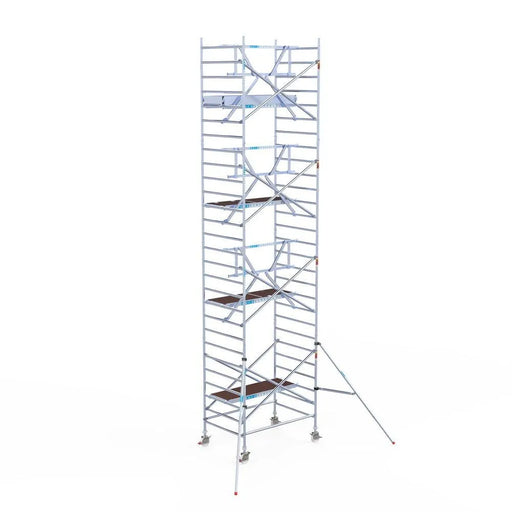 Rollgerüst Euroscaffold Professionell 135x190 9,2m Arbeitshöhe Carbonplattform gegen Fassade - Gerüstexpress.de