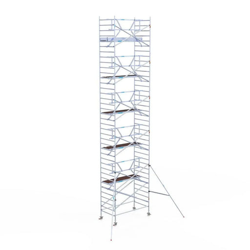 Rollgerüst Euroscaffold Professionell 135x250 12,2m Arbeitshöhe Carbonplattform gegen Fassade - Gerüstexpress.de