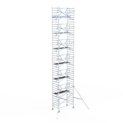 Rollgerüst Euroscaffold Professionell 135x250 14,2m Arbeitshöhe Carbonplattform gegen Fassade - Gerüstexpress.de