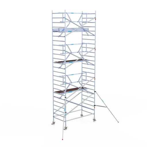 Rollgerüst Euroscaffold Professionell 135x250 8,2m Arbeitshöhe Carbonplattform gegen Fassade - Gerüstexpress.de