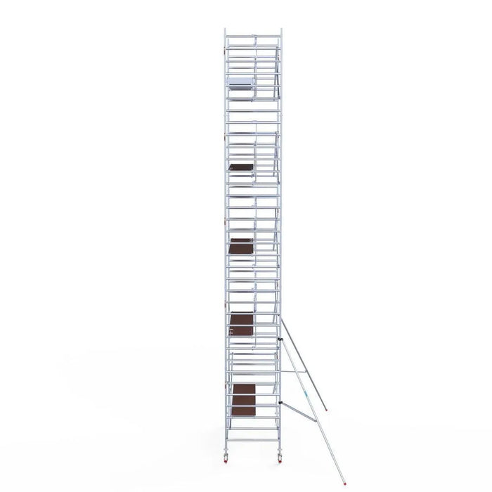 Rollgerüst Euroscaffold Professionell 135x305 11,2m Arbeitshöhe Carbonplattform gegen Fassade - Gerüstexpress.de