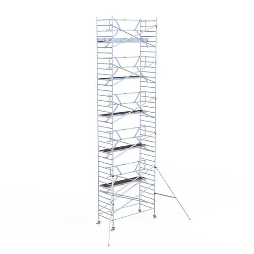 Rollgerüst Euroscaffold Professionell 135x305 12,2m Arbeitshöhe Carbonplattform gegen Fassade - Gerüstexpress.de