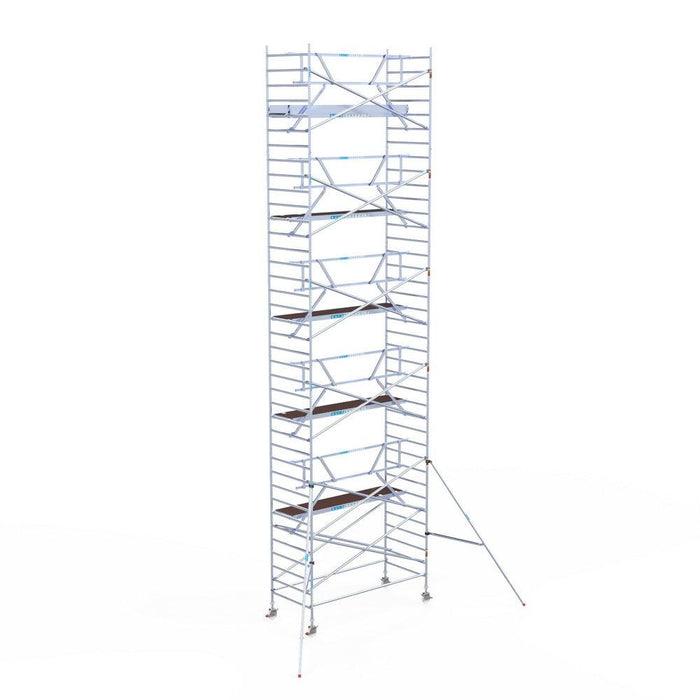 Rollgerüst Euroscaffold Professionell 135x305 12,2m Arbeitshöhe Carbonplattform gegen Fassade - Gerüstexpress.de