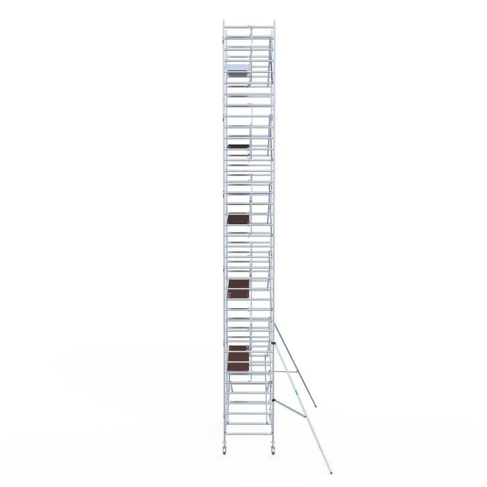 Rollgerüst Euroscaffold Professionell 135x305 12,2m Arbeitshöhe Carbonplattform gegen Fassade - Gerüstexpress.de