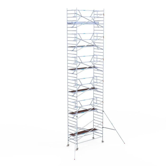 Rollgerüst Euroscaffold Professionell 135x305 13,2m Arbeitshöhe Carbonplattform gegen Fassade - Gerüstexpress.de