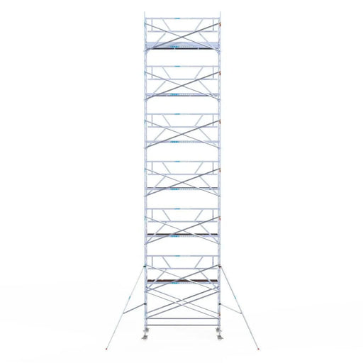 Rollgerüst Euroscaffold Professionell 135x305 14,2m Arbeitshöhe Carbonplattform gegen Fassade - Gerüstexpress.de