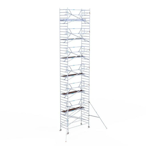 Rollgerüst Euroscaffold Professionell 135x305 14,2m Arbeitshöhe Carbonplattform gegen Fassade - Gerüstexpress.de
