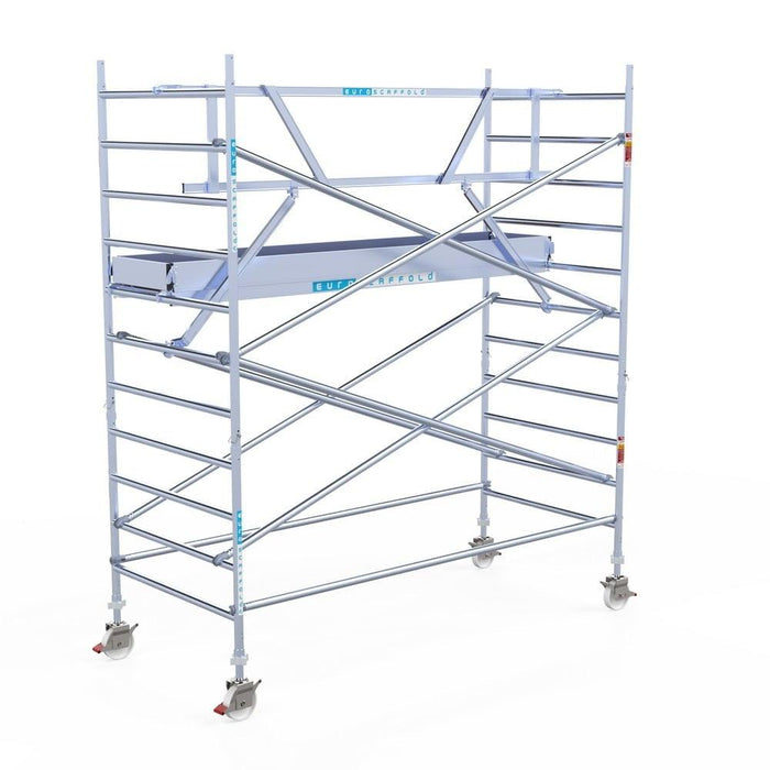 Rollgerüst Euroscaffold Professionell 135x305 4,2m Arbeitshöhe Carbonplattform gegen Fassade - Gerüstexpress.de