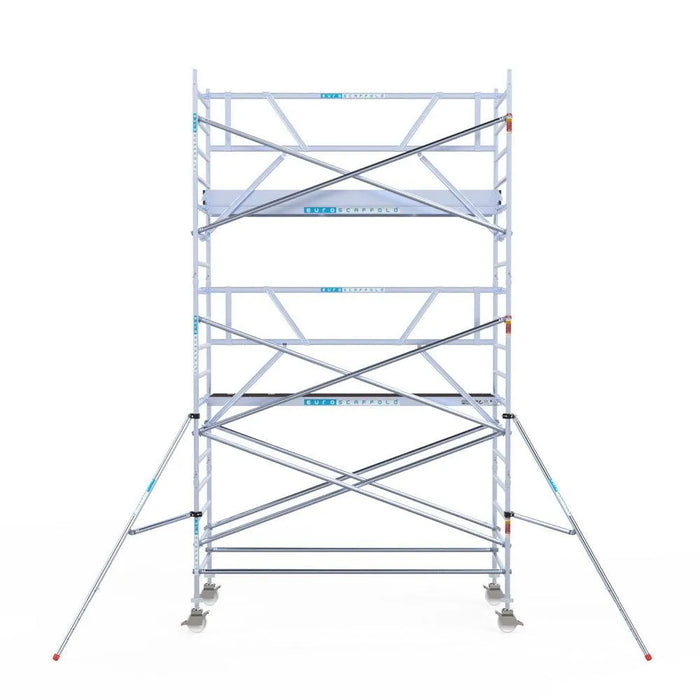 Rollgerüst Euroscaffold Professionell 135x305 6,2m Arbeitshöhe Carbonplattform gegen Fassade - Gerüstexpress.de